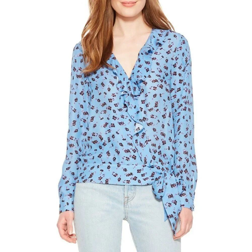 Parker Womens Silk Blouse Top Chrystie S Blue Floral Flutter Long Sleeve NWT